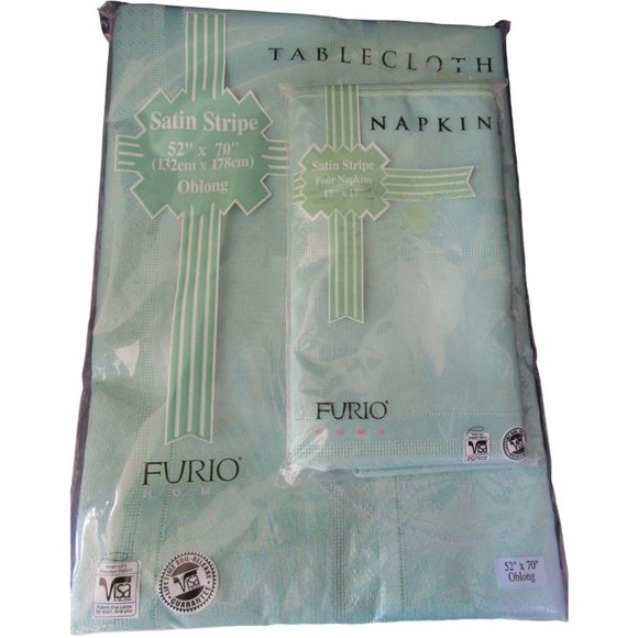 Furio Satin Stripe Oblong Tablecloth Four Napkin Set NOS Vintage 1996 Jade Green - Picture 1 of 13